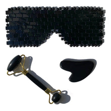 Load image into Gallery viewer, The best black obsidian eye mask, face roller and gua sha de-puffing and contouring skin kit.