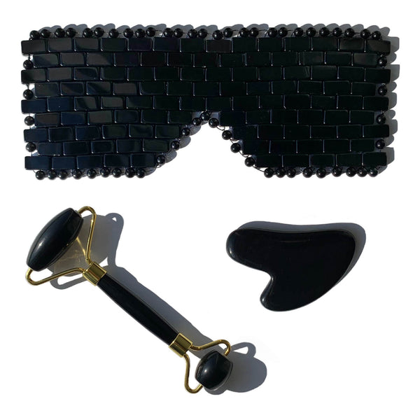 The best black obsidian eye mask, face roller and gua sha de-puffing and contouring skin kit.