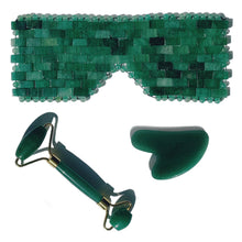 Load image into Gallery viewer, The best green aventurine jade eye mask, face roller and gua sha de-puffing and contouring skin kit.
