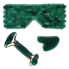 Load image into Gallery viewer, The best green aventurine jade eye mask, face roller and gua sha de-puffing and contouring skin kit.