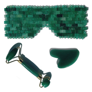 The best green aventurine jade eye mask, face roller and gua sha de-puffing and contouring skin kit.